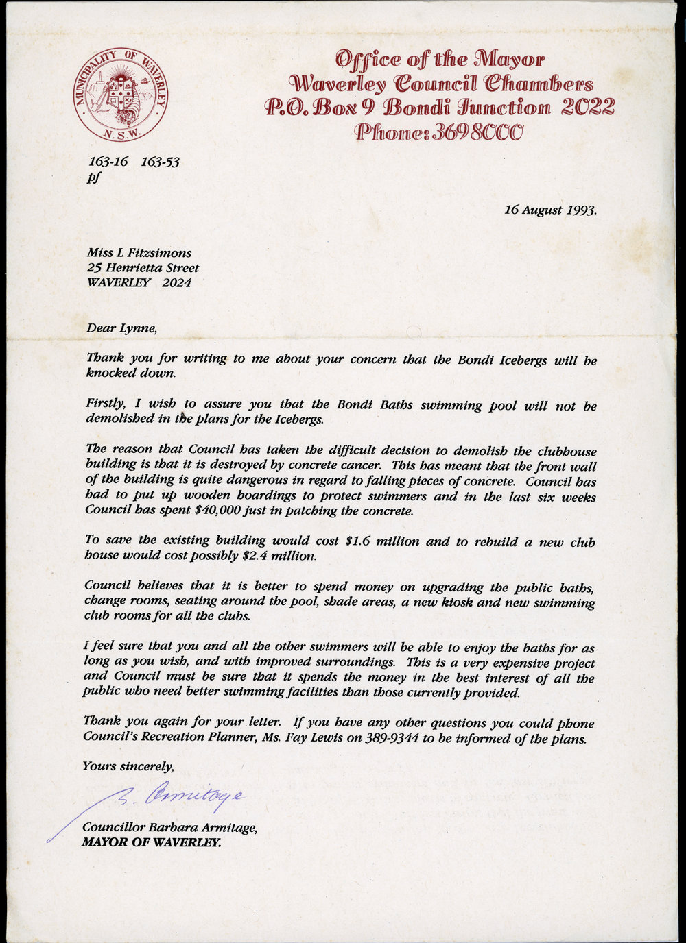 Waverley Council Letter to Lynne Fitzsimons