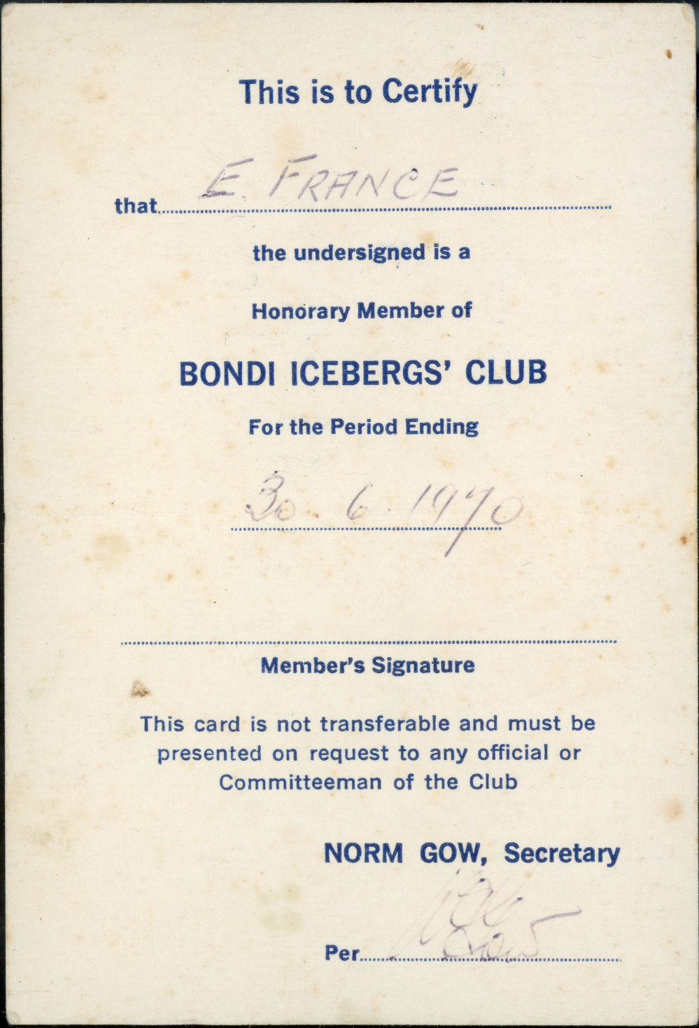 Members Card 1970