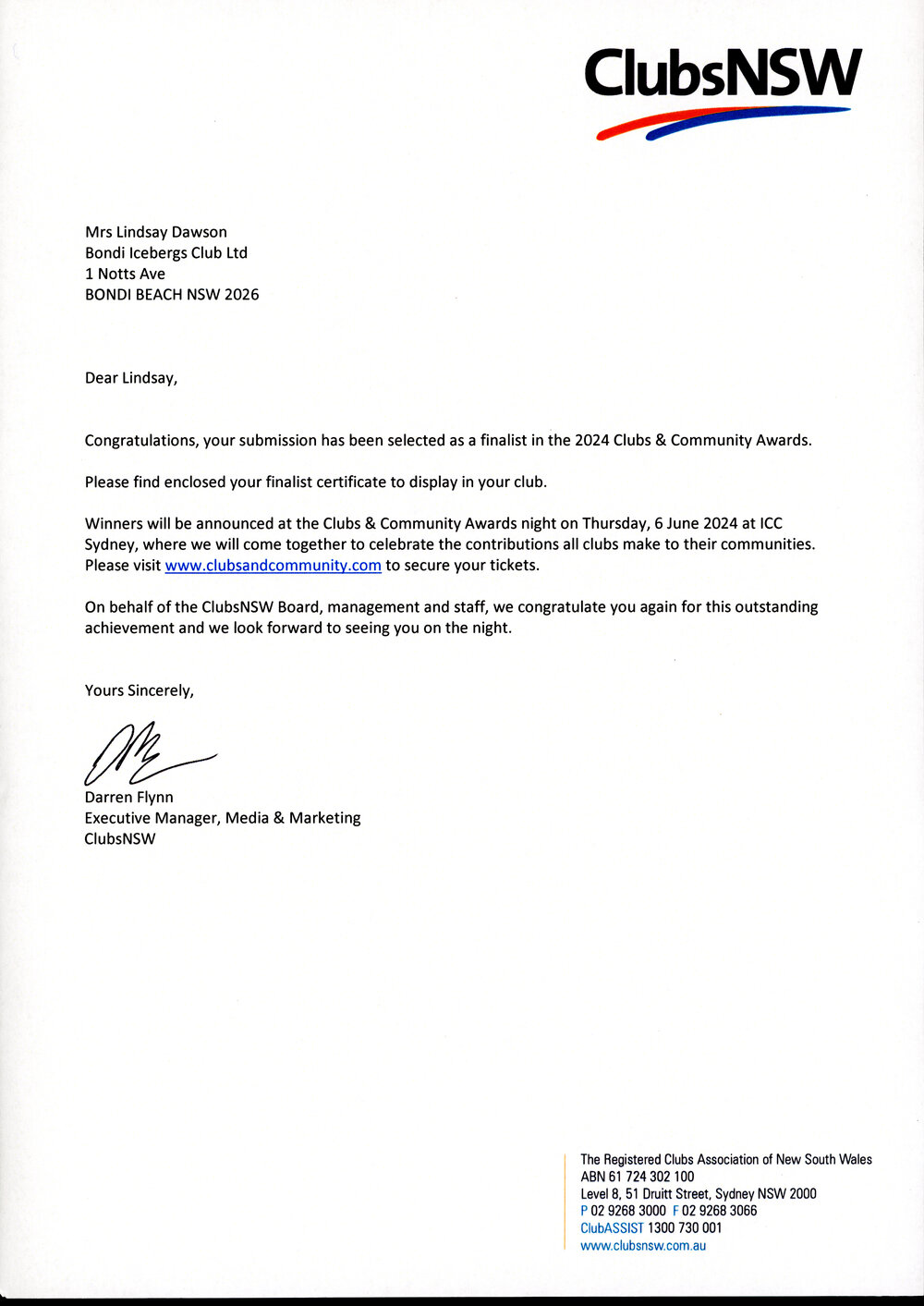 Clubs NSW Community Award 2024