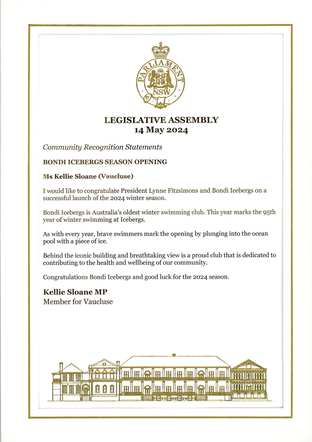 Legislative Assembly letter for launch of 95th season
